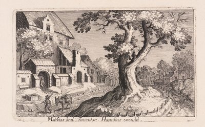 Mand med et æsel går forbi en landsby, fra Topographia Variarum Regionum af Simon Frisius