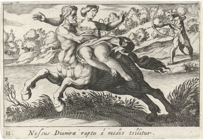 Nesus forsøger at ryste Deïanira te Dianiras bånd fjernes fra midten (titel på objekt) Herculische temaer (serietitel) af Simon Frisius