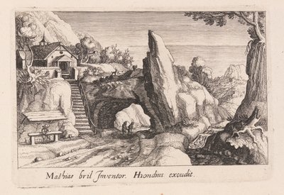 Par af figurer, der går under en stenbro, fra Topographia Variarum Regionum af Simon Frisius
