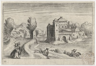 Flodlandskab med et slot Sydeuropæiske landskaber (serietitel) Topographia variarum regionum (serietitel) af Simon Frisius