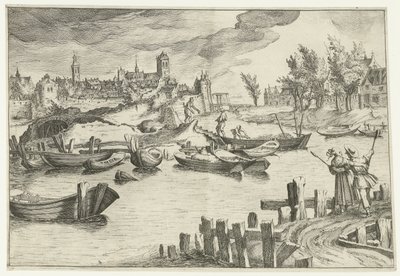 Flodlandskab med en by i baggrunden Landskaber med figurer (serietitel) af Simon Frisius