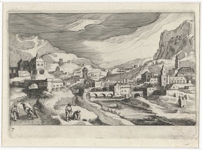 Bybillede i en floddal Sydeuropæiske landskaber (serietitel) Topographia variarum regionum (serietitel) af Simon Frisius