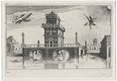 Bybillede med Ikaros og Daedalus Sydeuropæiske landskaber (serietitel) Topographia variarum regionum (serietitel) af Simon Frisius