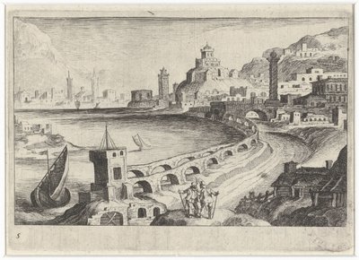 Bybillede med en akvædukt Sydeuropæiske landskaber (serietitel) Topographia variarum regionum (serietitel) af Simon Frisius