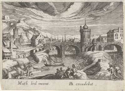 Bybillede med en flod Forskellige landskaber (serietitel) Topographia variarum regionum (serietitel) af Simon Frisius