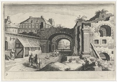 Bybillede med en ruin Sydeuropæiske landskaber (serietitel) Topographia variarum regionum (serietitel) af Simon Frisius