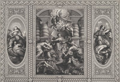 James I udnævnte Charles til konge af Skotland i centrum, Minerva stod i spidsen for Uvidenhed ved ri..., 1720. af Simon Gribelin