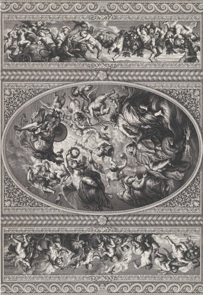 Apoteosen af James I i en oval i midten, friser med putti og guirlander på enten ..., 1720. af Simon Gribelin