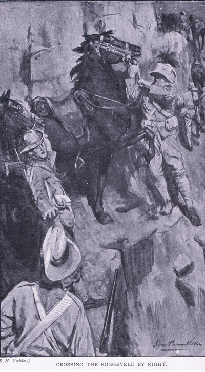 Crossing the Roggeveld by night, fra After Pretoria: The Guerilla War udgivet af Harmsworth Brothers Limited, 1901 af Simon Harmon Vedder