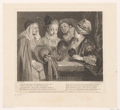 Gezelschap af fem skuespillere ved en brystning The Coquettes Værk af Antoine Watteau (serietitel) Værket af Antoine Watteau, maler for kongen i hans Royal Academy of Painting and Sculpture (...) (serietitel) af Simon Henri Thomassin