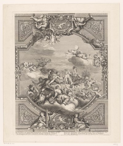 Loftmaleri i Versailles: Apollo uddeler belønninger til kunst og videnskab, Minerva kroner Frankrigs genialitet af Simon Henri Thomassin