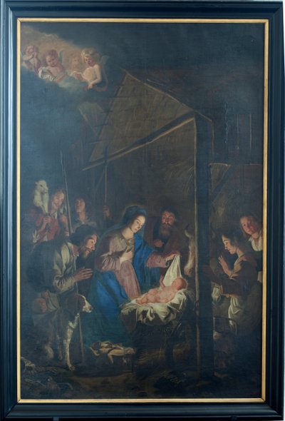 Sognekirke (Vor Frue af Himmelfartskirken). Interiør. maleri. Julescene. Simon DePaepe. Oprindelse klosteret Ename (?). af Simon II de Pape