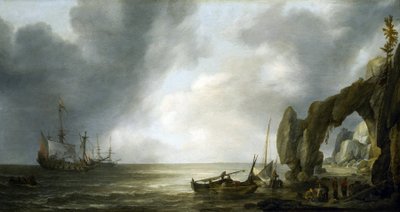 Hollandske krigsskibe ankrede op ud for en klippekyst, nogle få besætningsmedlemmer gik i land, samlet omkring fiskekurve af Simon Jacobsz. Vlieger