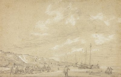Fiskere tørrer net på Scheveningen Strand af Simon Jacobsz. Vlieger