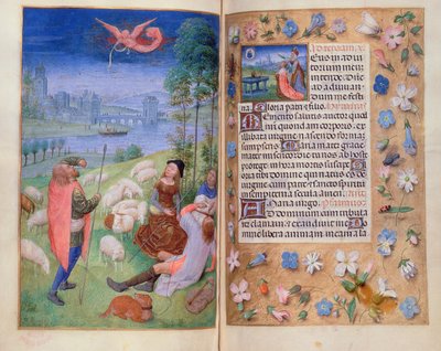 Tilføj 38126 fol.79v-80 Bebudelsen til hyrderne, fra Huth Hours af Simon Marmion