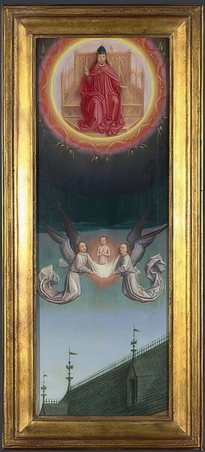 Sankt Bertins sjæl er båret til himlen (altertavle fra Abbey of St. Bertin). Omkring 1459 af Simon Marmion