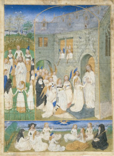 De hellige jomfruer mødt af Kristus, da de træder ind i paradisets porte, ca. 1467-70. af Simon Marmion