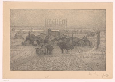Landskab med en landsby ved en flod Twilight (original titel) af Simon Moulijn (signed by artist)