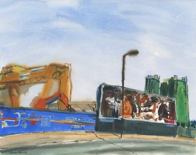 Byggeplads og billboard (akvarel og gouache på papir) af Simon Neville