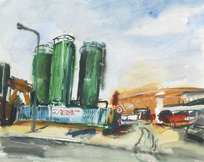 Byggeplads og gasbeholder (akvarel og gouache på papir) af Simon Neville