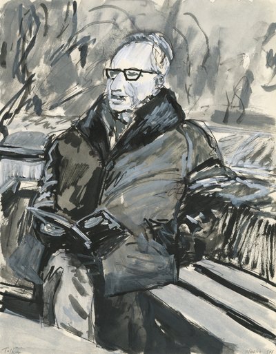 Mand læser en bog, 2019 (blæk og akrylmalingspenne på papir) af Simon Neville