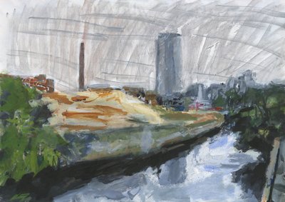 River Wandle and Ram Brewery redevelopment site, Wandsworth, 2025 (akryl, akrylmalingspenne, tuschpenne, oliebaserede tuschpenne og grafit på papir) af Simon Neville