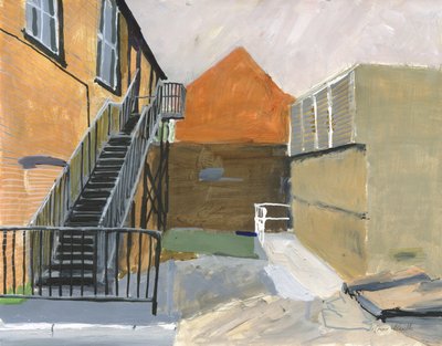 Small courtyard, Wandsworth, 2025 (akryl, akrylmalingspenne, tuschpenne, oliebaserede tuschpenne og grafit på papir) af Simon Neville