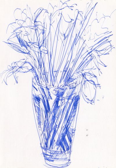 Vase med blomster, 2016 (blæk på papir) af Simon Neville