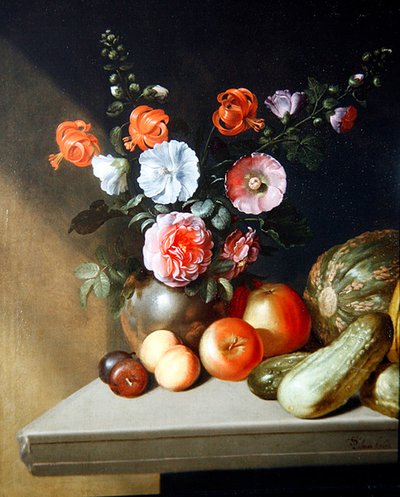 Et stilleben af roser, delphiniums og liljer af Simon Peter Tilmann