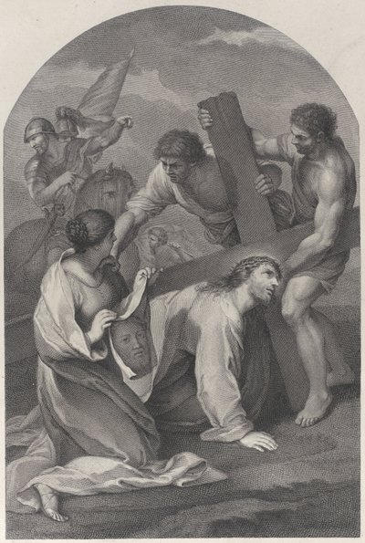 Kristus faldt til jorden under vægten af korset, med to mænd assisterende og ..., ca. 1729. af Simon Vallee