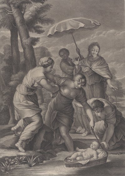 Tre kvinder trækker i kurven med spædbarnet Moses fra vandet, ca. 1729. af Simon Vallee