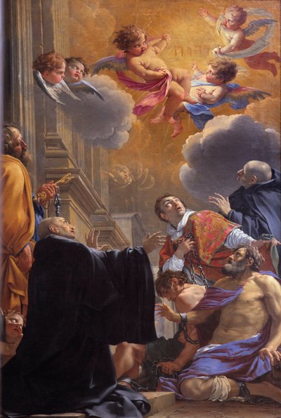 Saint Merry (eller Saint Mederic), Eveque de Paris (7. århundrede) befrier fangerne Maleri af Simon Vouet (1590-1649) 1640 Church Saint Merri (Merry), Paris af Simon Vouet