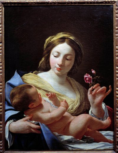 Jomfruen et barn og en rose maleri af Simon Vouet (1590-1649) 1627 søn. 0,8x0,62 m Marseille, Musee des Beaux Arts af Simon Vouet