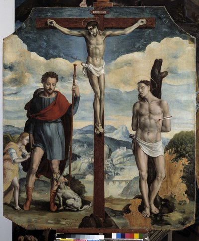 Korsfæstelse med St. Roch og St. Sebastian (olie på træ) af Simon de Châlons