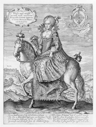Ridesportræt af Anne af Danmark (1574-1619) indgraveret af kunstneren, pub. af Compton Holland, 1616 af Simon de Passe
