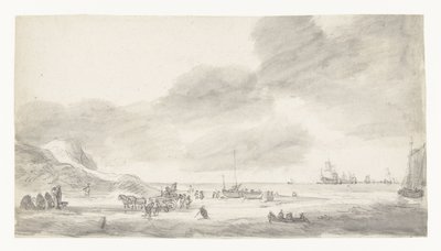 Strandscene med shellfiskere og vandrere af Simon de Vlieger (possibly)