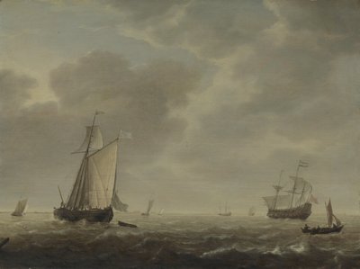 En hollandsk krigsmand og forskellige fartøjer i en brise, ca. 1640 af Simon de Vlieger