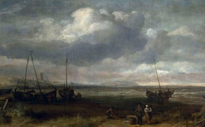 Havet i Scheveningen med fiskerbåde af Simon de Vlieger