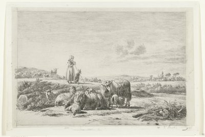 Landskab med en hyrdinde og hund med en flok får af Simon van den Berg
