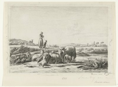 Landskab med en hyrdinde og hund med en flok får af Simon van den Berg