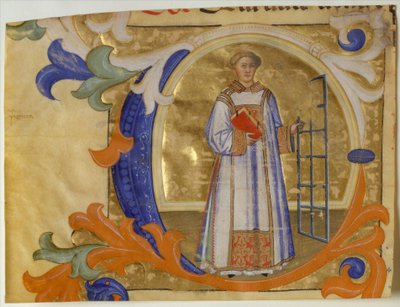 Manuskriptbelysning med Saint Lawrence i et indledende C, fra en Gradual, ca. 1380-90. af Simone Camaldolese
