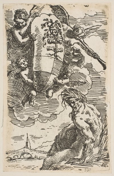 Allegori over Foglia-floden med byen Pesaros våbenskjold, frontispice for ..., ca. 1639. af Simone Cantarini