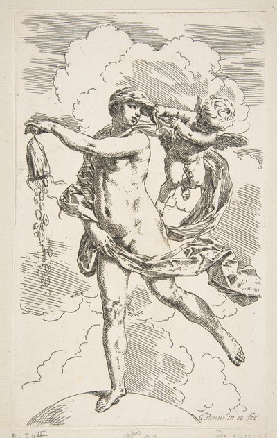 Formue står på en globus og tømmer en pung for mønter, ca. 1635-1636. af Simone Cantarini