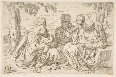 Hellig familie med Saint Elizabeth og Saint John the Baptist, ca. 1639. af Simone Cantarini