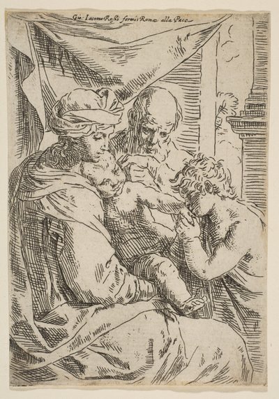 Hellig familie med Johannes Døberen, der kysser spædbarnet Kristi hånd, ca.1642. af Simone Cantarini