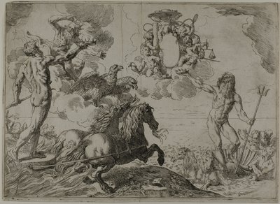 Jupiter, Neptune og Pluto tilbyder deres kroner til armene fra kardinal Borghese af Simone Cantarini