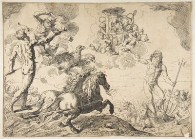 Jupiter, Neptun og Pluto ofrer deres kroner til kardinal Borgheses arme, 1642-43. af Simone Cantarini