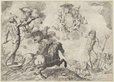 Jupiter, Neptun og Pluto tilbyder deres kroner til kardinal Scipione Borgheses arme Speciale Jupiter, Neptun og Pluto coronas suas offerunt armis (titel på objekt) af Simone Cantarini