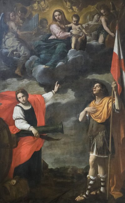 Madonna i herlighed med barnet og helgenerne Barbara og Terenzio, ca. 1630 (olie på lærred) af Simone Cantarini