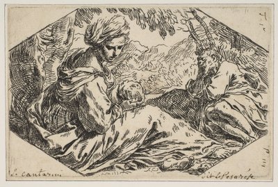 Hvil i Egypten, Maria holder og ser på spædbarnet Kristus, mens St. Joseph s..., ca. 1637-1639. af Simone Cantarini